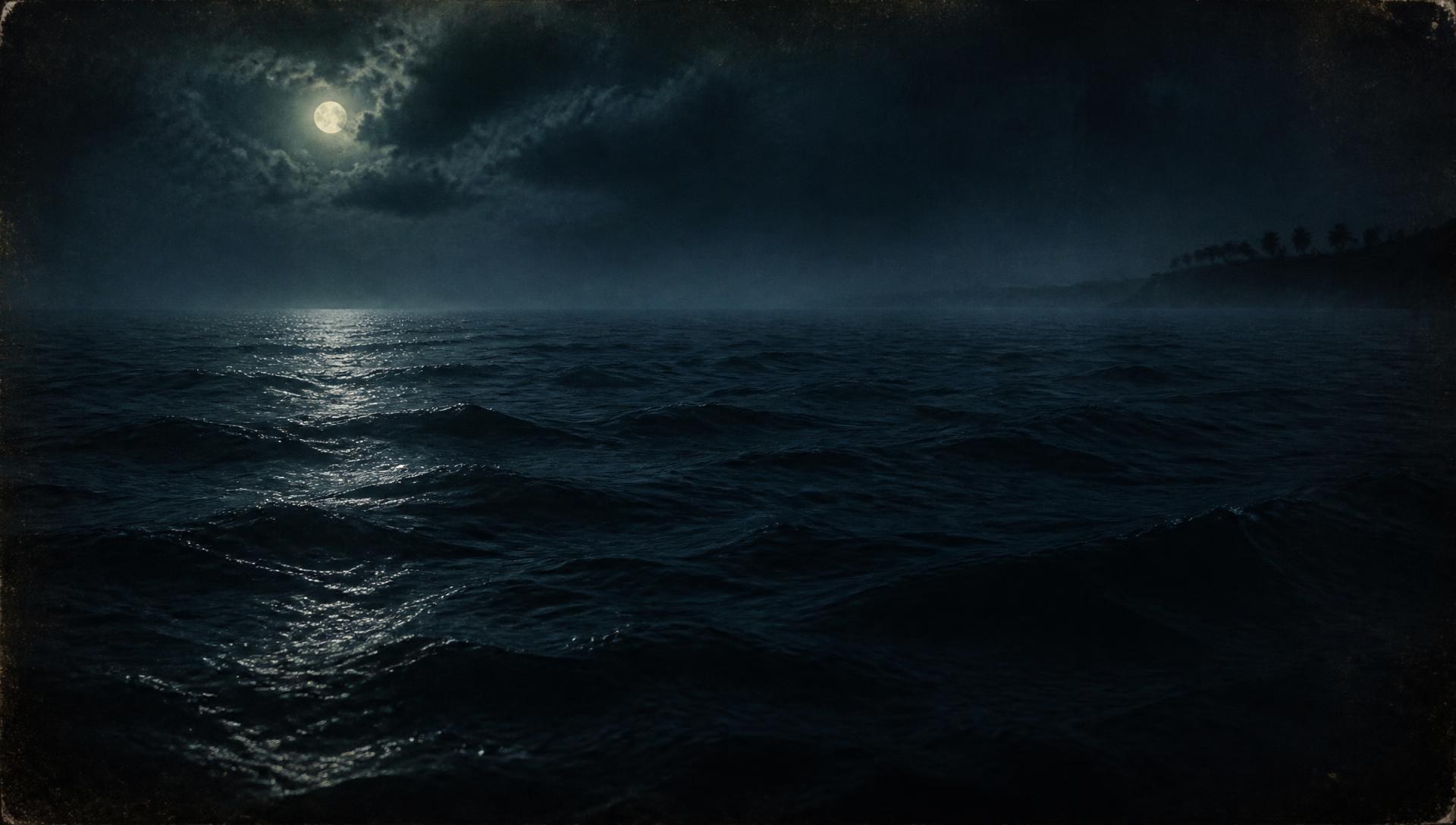 Moonlit ocean swells along Southwest Florida's Paradise Coast, with a distant glass bottle adrift