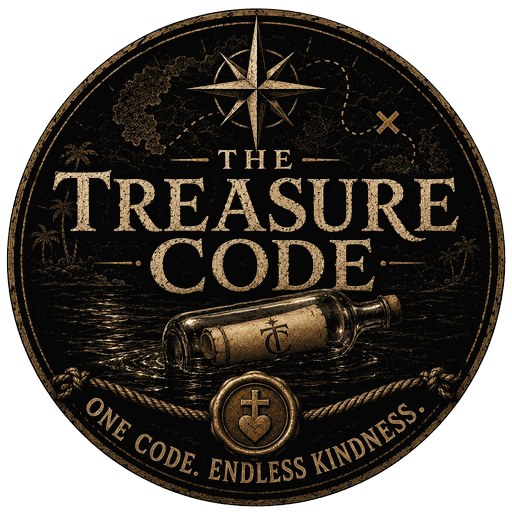 The Treasure Code seal: a corked bottle adrift beneath a compass rose